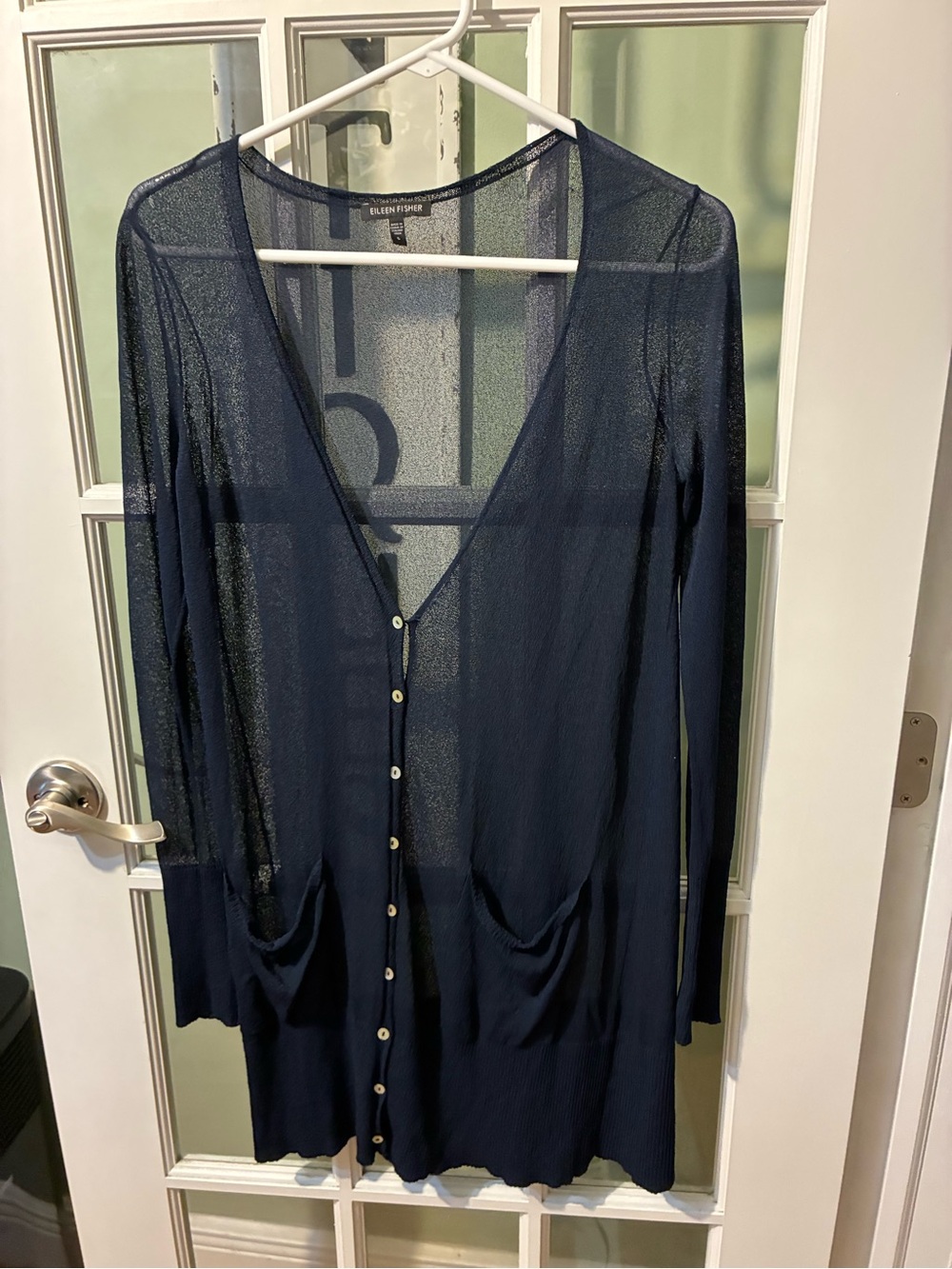 Eileen Fisher Sheer Navy Long Button-Front Cardigan Dress